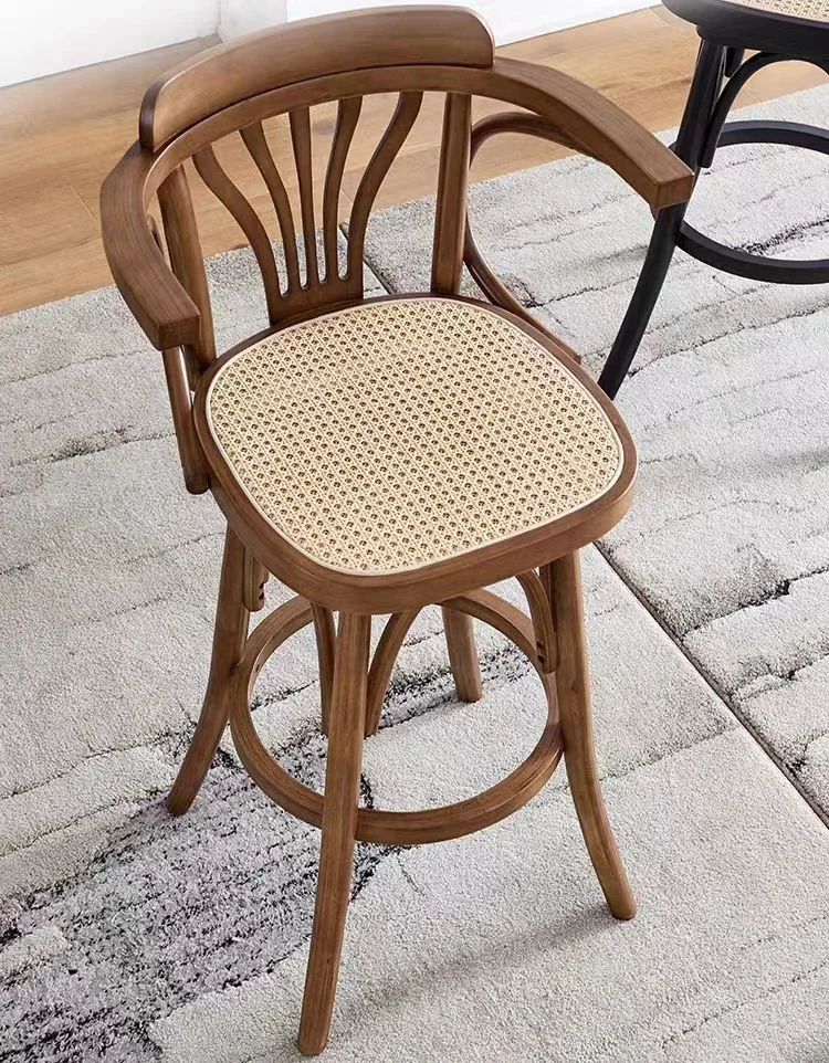 

Furniture Nordic modern bar room furniture solid wood frame rattan seat high bar stool chair bar chair