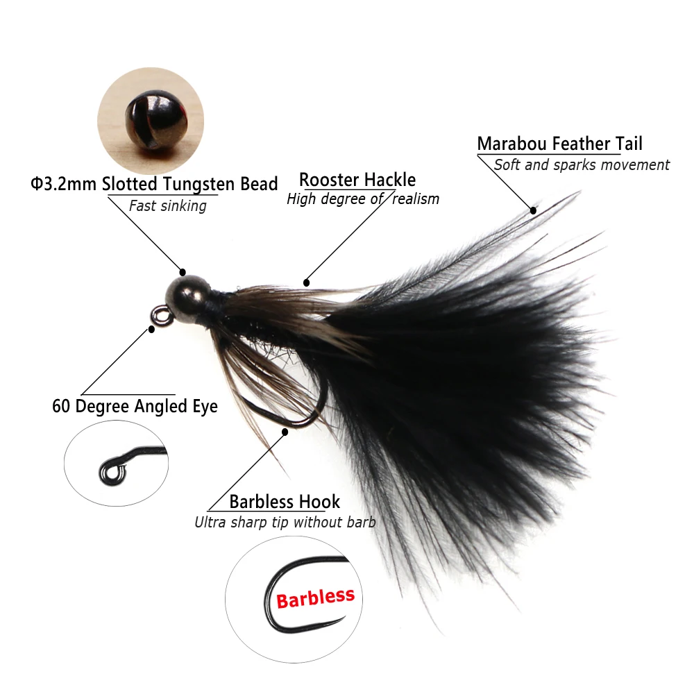 Wifreo 6PCS #12 Tungsten Beadhead Jig Woolly Bugger Streamers Fly for Trout Salmon Pike Bass Fishing Lures Bait Olive Black