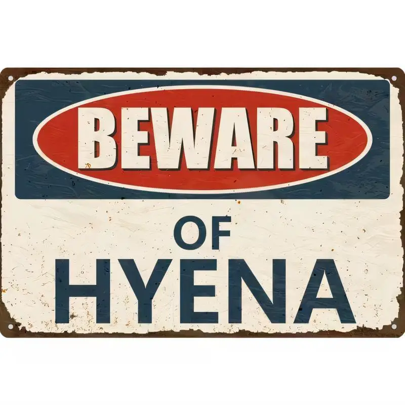 Vintage Distressed Beware of Hyena Metal Tin Sign - Retro Red/Blue/White Warning Design, Iron Wall Art for Home/Bar/Cafe/Farmhou