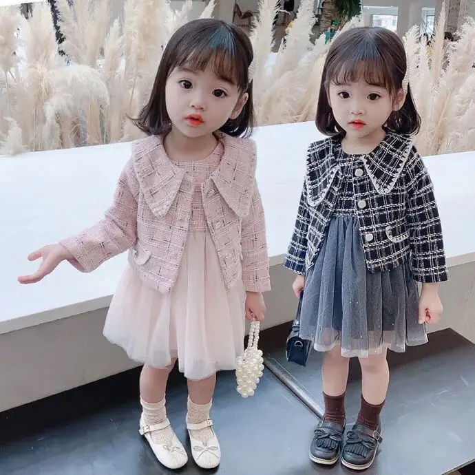 2023 Spring Girls Fashion 2pcs Plaid Dress Baby Kids Children Clothing Set Including Coat+ Dress