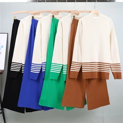 Spring New Women Pullover Pants Sets 2-piece Set Striped High Neck Sweater Wide Leg Pants Knit Set Fashion Casual Women's Set