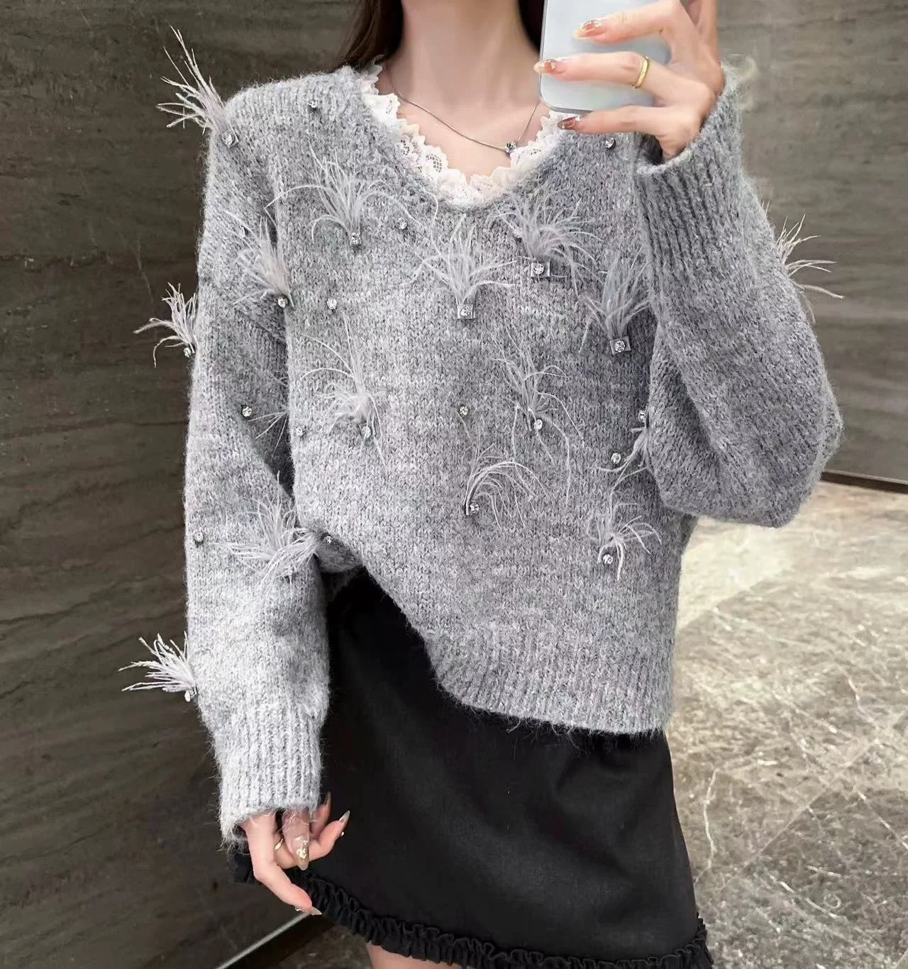 

Lace V Neck Long Sleeve Knitted Sweater Autumn Winter Women's Fashion Feather Splicing Diamond Loose Pullovers C30