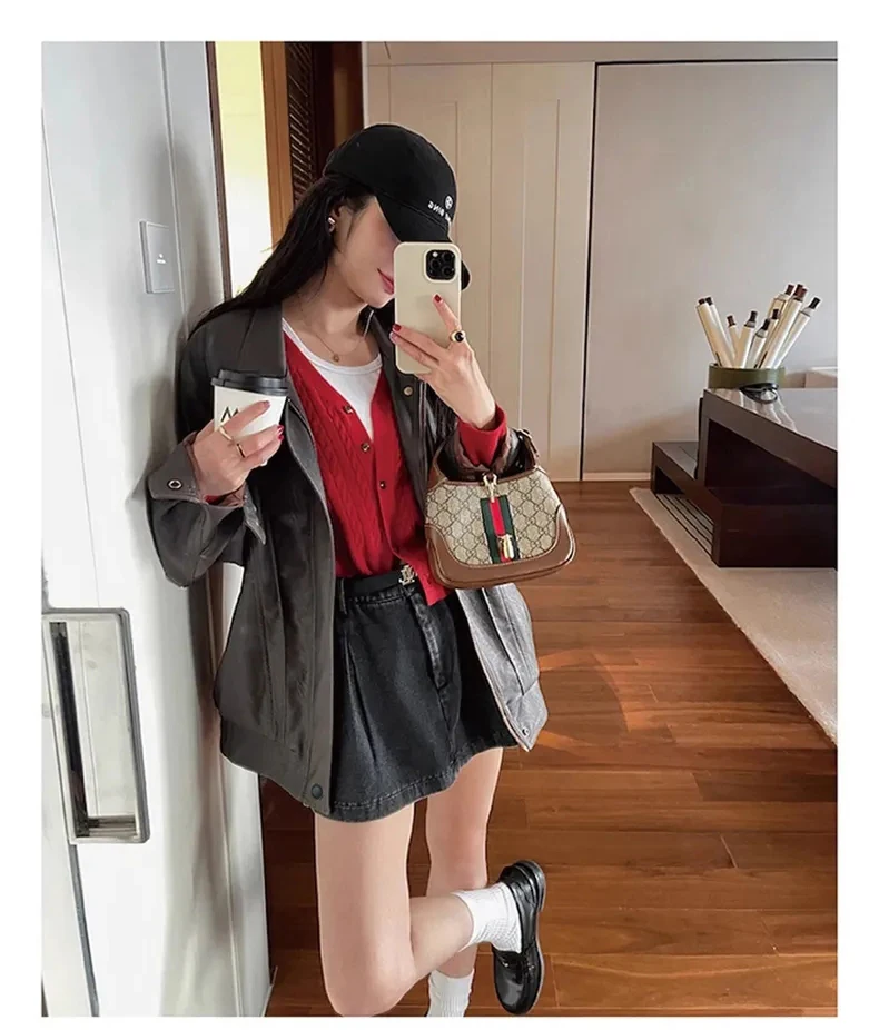 Autumn Cool Brown Oversized Leather Jacket Women Drop Shoulder Long Sleeve Zippper High Quality American Retro Clothing 2024