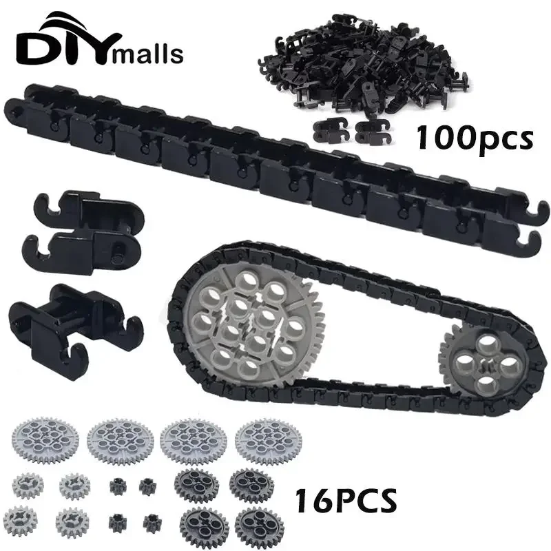 100szt Zestaw technicznych kół zębatych Łańcuchy ogniowe Zestaw części 3711 14696 10928 94925 3648 3649 dla MOC Klocki konstrukcyjne Pociąg Zabawki