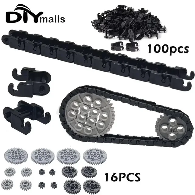 100szt Zestaw technicznych kół zębatych Łańcuchy ogniowe Zestaw części 3711 14696 10928 94925 3648 3649 dla MOC Klocki konstrukcyjne Pociąg Zabawki