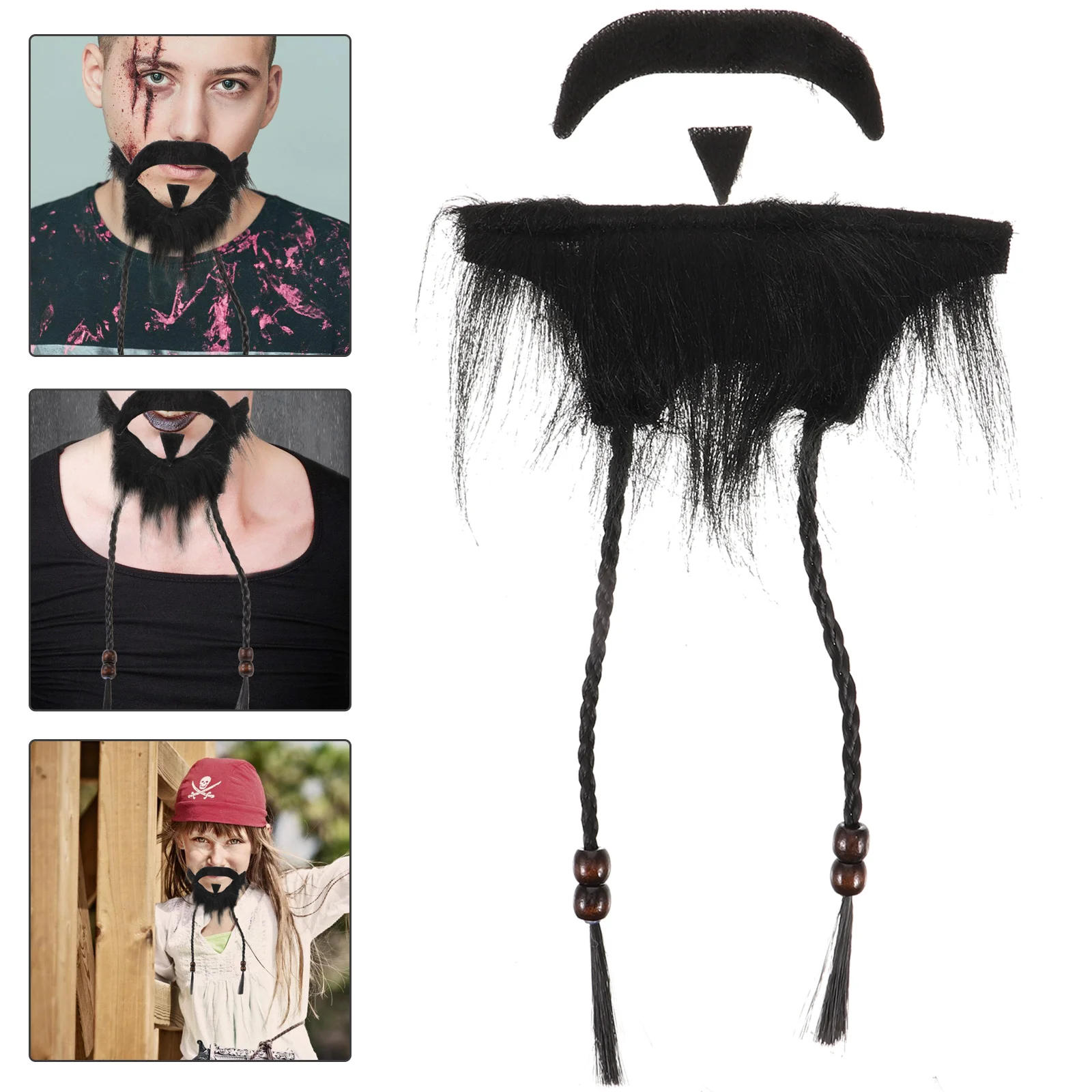 

Pirate Fake Beard Funny False Beards 3 Piece Set Plush Fabric Mustache for Cosplay