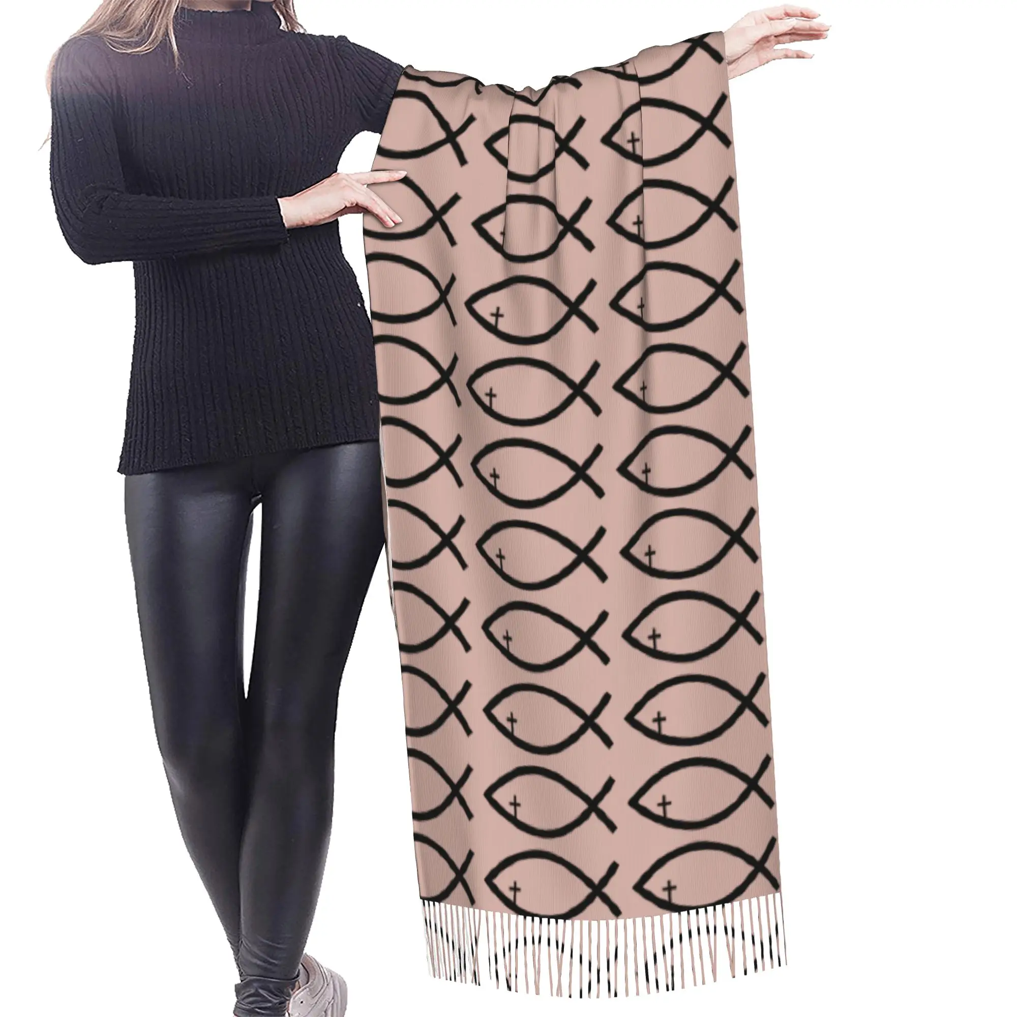 Custom Jesus Fish Cross Christ Symbol Religious Tassel Scarf Women Soft  Shawls Wraps Ladies Winter Scarves