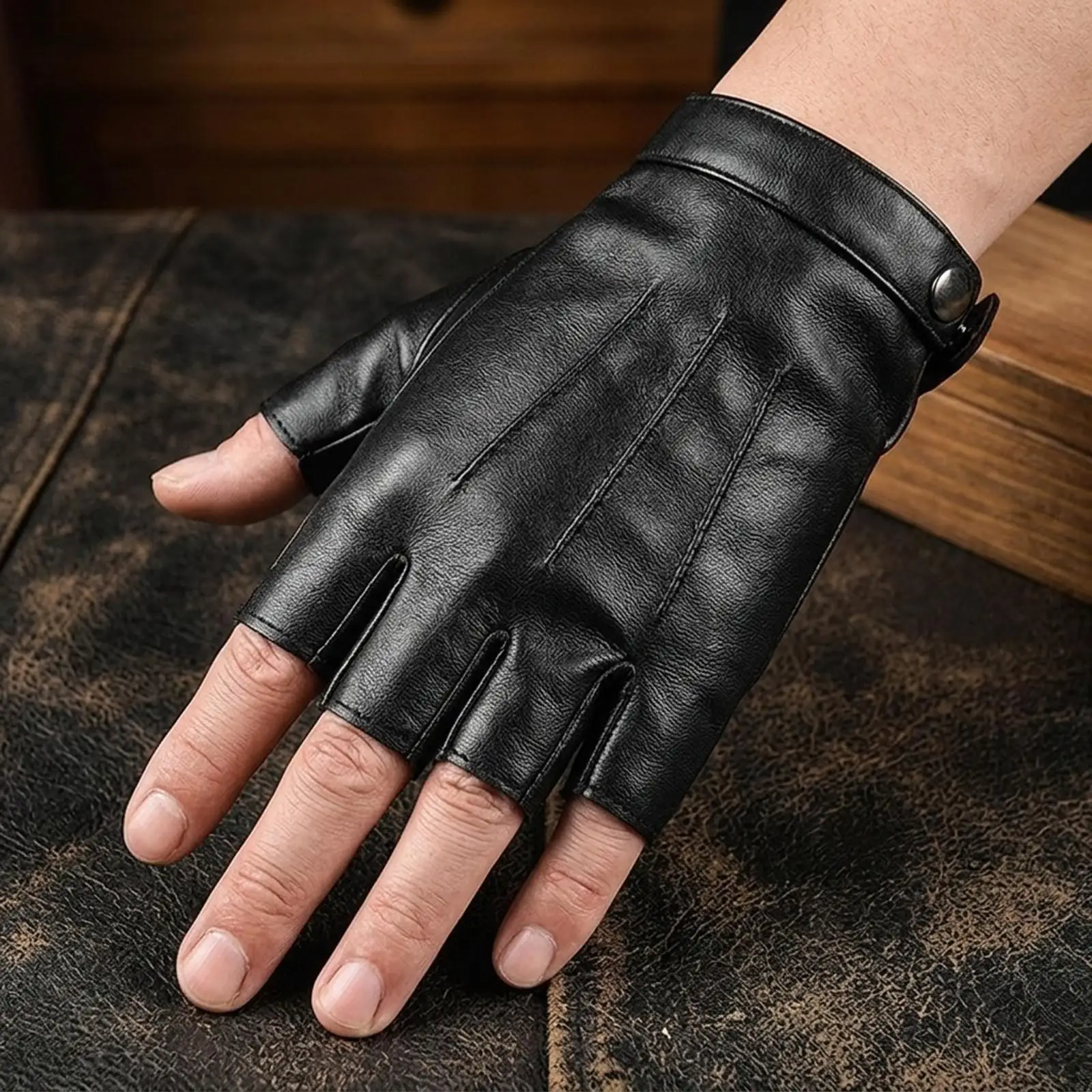 Half Finger Leather Gloves for Men Fingerless Driving Gloves PU Synthetic Material Cycling Gloves with Snap Closure for Daily