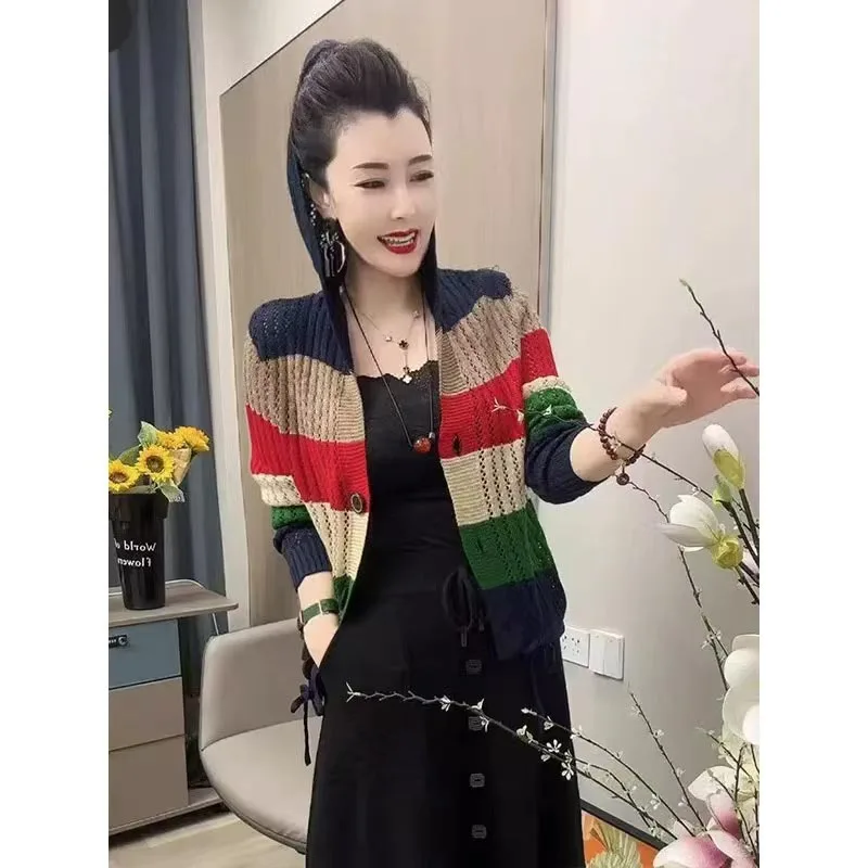 Abbigliamento donna Moda Cardigan lavorato a maglia patchwork tutto-fiammifero Autunno Inverno Nuovo maglioni casual allentati con bottoni scavati Lady Y2k Top