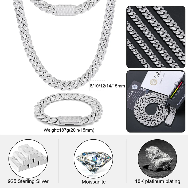 New 8-20mm S925 Sterling Silver Setting Cuban VVS Moissanite Link Miami Chain Necklace For Men Singer Style Rap Hip Hop Jewelry