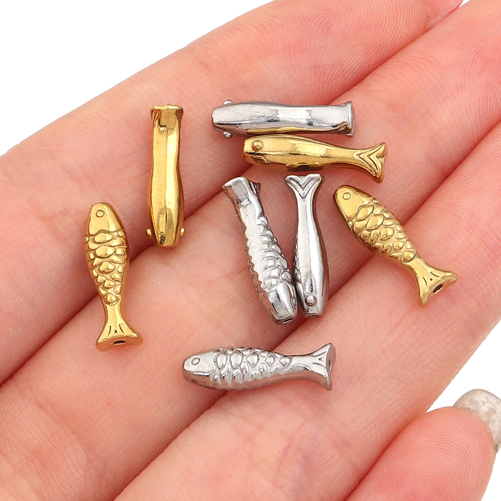 5pcs 14mm Stainless Steel Small Fish Beads Charm Loose Spacer Bead for Jewelry Making Bracelets Needlework Necklace Crafts