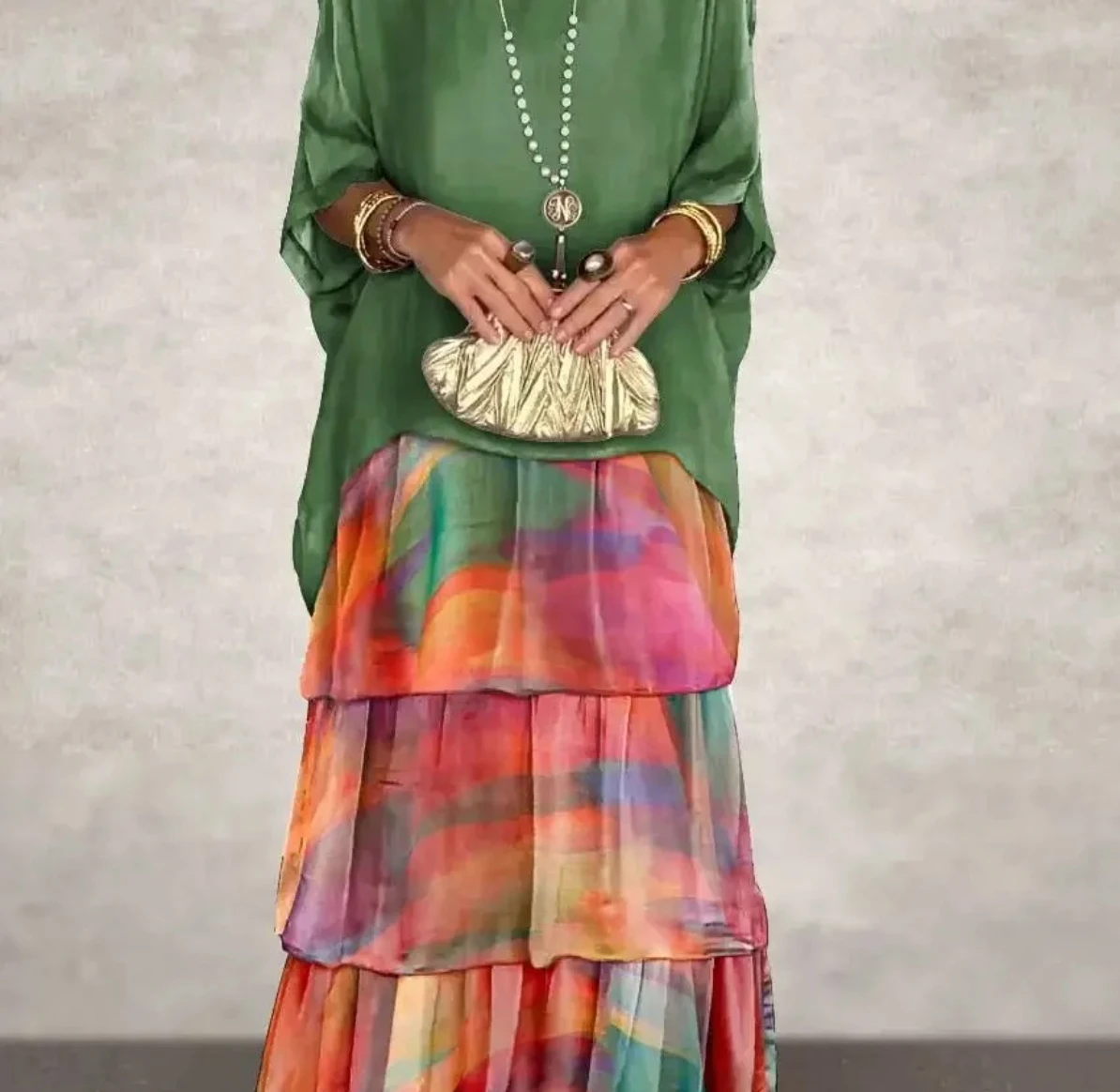 Abito lungo Boho in chiffon con stampa floreale elegante femminile Abito lungo da donna con scollo tondo primaverile Abito con gonna a torta con mezza manica a pipistrello