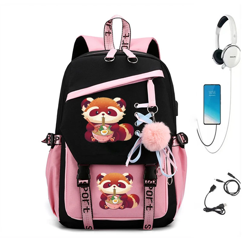 

Red Panda Anime School Backpack for Women Red Panda Eating Ramen Cartoon Bookbag Teenager Bagpack Student School Bag Travel Bags