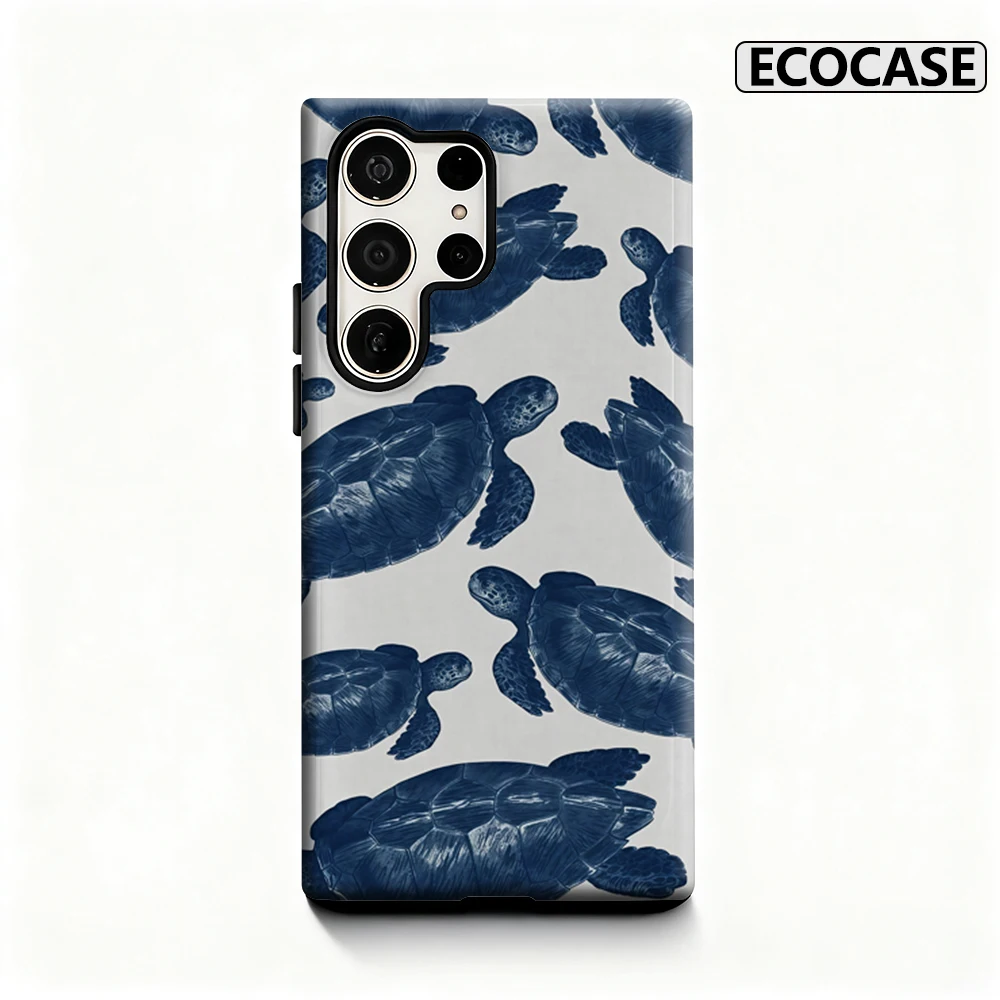 Marineblaue Schildkröten-Handyhülle für Samsung Galaxy S25 Ultra S24 S23 Ultra Plus, glänzende doppellagige Rückseite