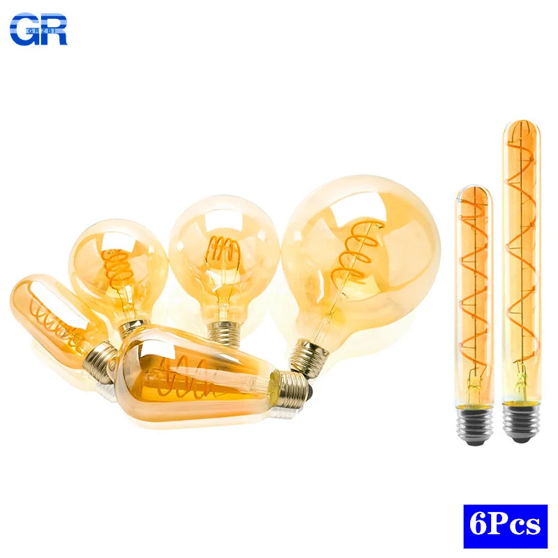 6pcs/lot E27 Retro LED Flexible Filament Bulb C35 A60 T45 ST64 T185 T225 G80 G95 G125 LED Lamp 4W 220V E14 Dimable Edinson Bulbs