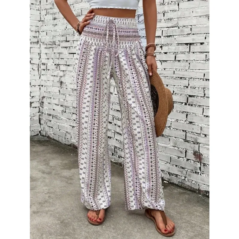 

Большие размеры 1XL-5XL, новые модные повседневные брюки с принтом, широкие брюки с талией, женские повседневные длинные драпированные утягивающие брюки