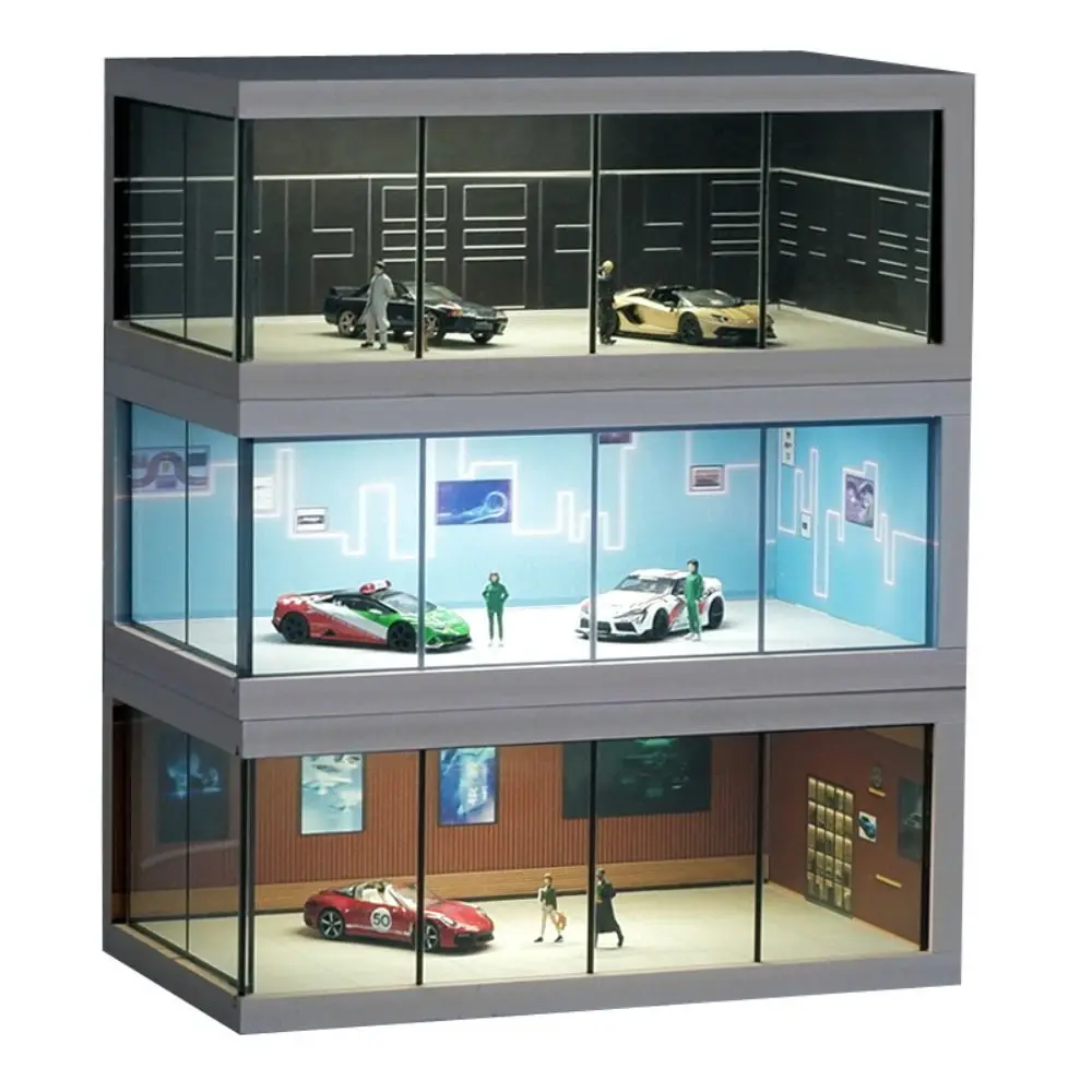 1/64 Scale Car Model Showroom Simulate Transparent Garage Scene Model With Light Dust Cover Miniature Car Garage Kids Adult