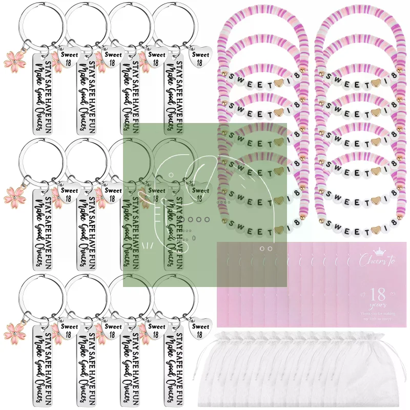 6 Sets 18th Birthday Gifts For Girls Sweet 18 Party Favours Keychain Bracelet Thank You Card Organza Bag Keepsake Friends Gift