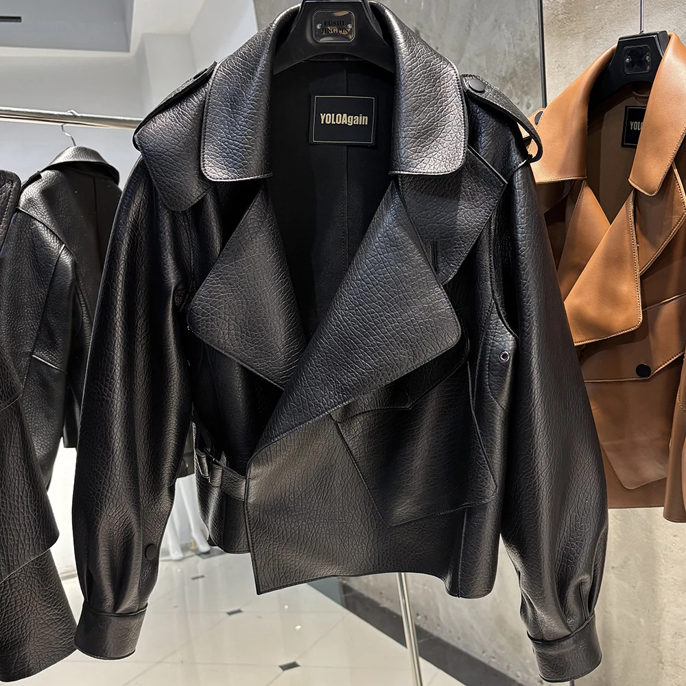 YOLOAgain 2025 Spring Loose Oversized Real Leather Jacket Women