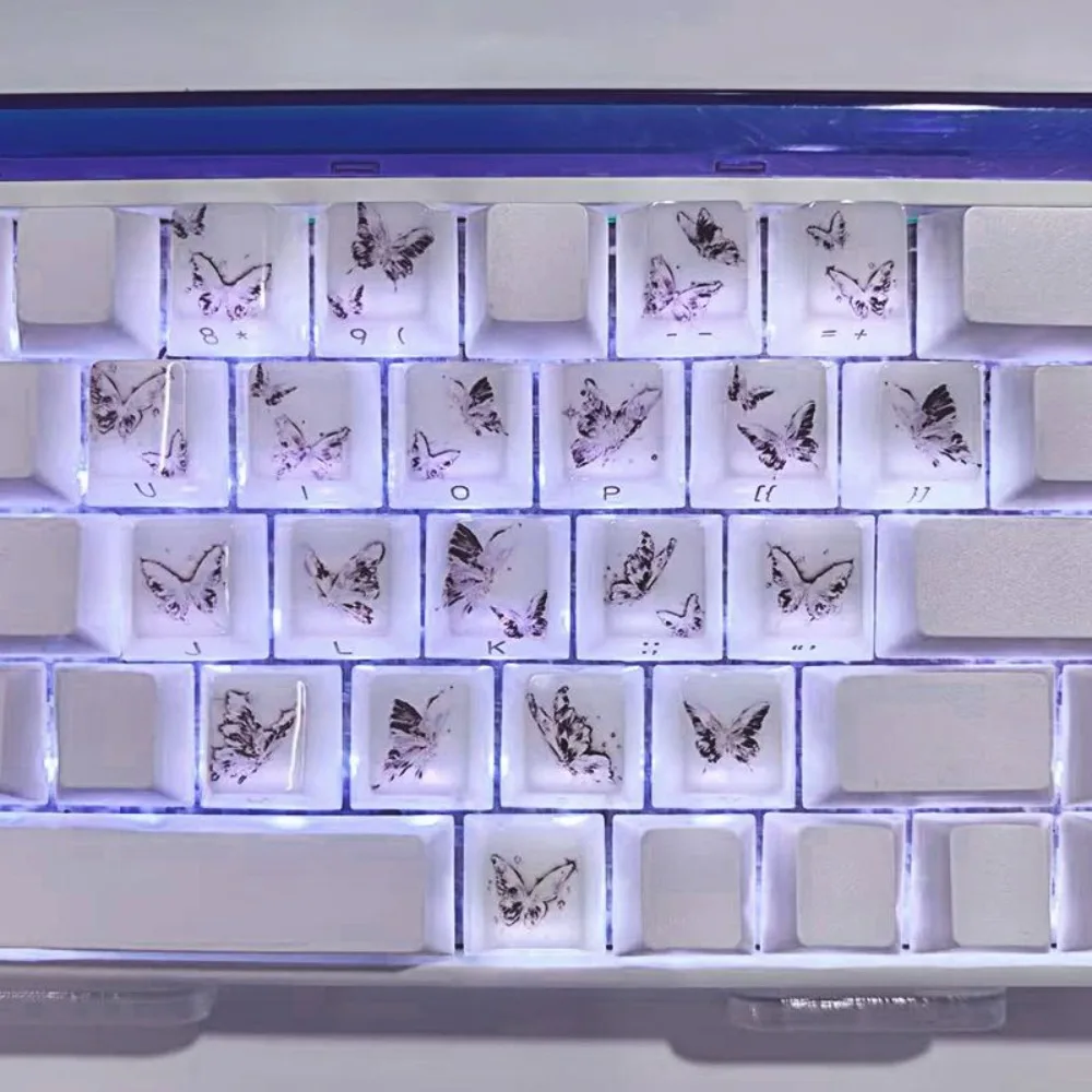 Love Butterfly Jade Mirror Side Engraving Translucent Light Wooting60he Cherry Keycap Suitable for Mechanical Keyboard 21 Keys