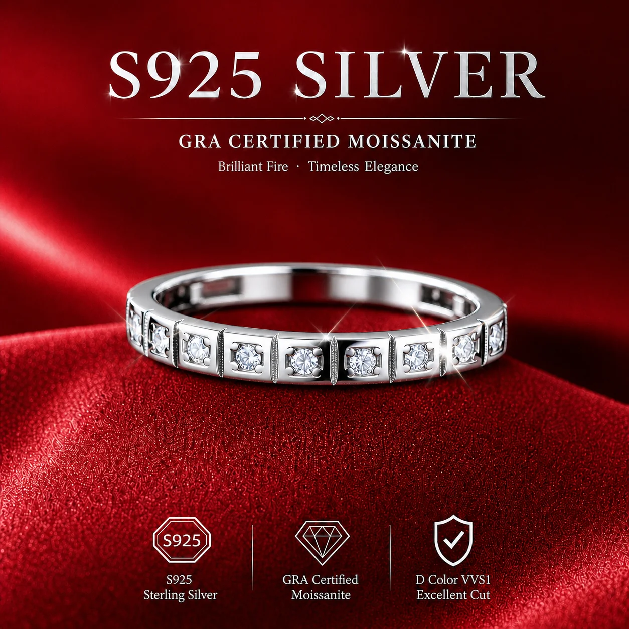 S925 Sterling Silver Moissanite Ring D VVS1 3EX Cut with GRA Certificate, Sparkling Moissanite Band, Anniversary Wedding Party G