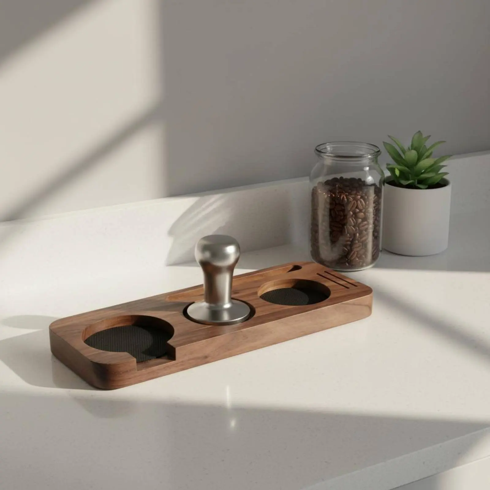 Wooden Tamper Base Three Cutouts Espresso Storage Board Tamper Holder Board Grooved Portafilter Holder Station Easy to Clean