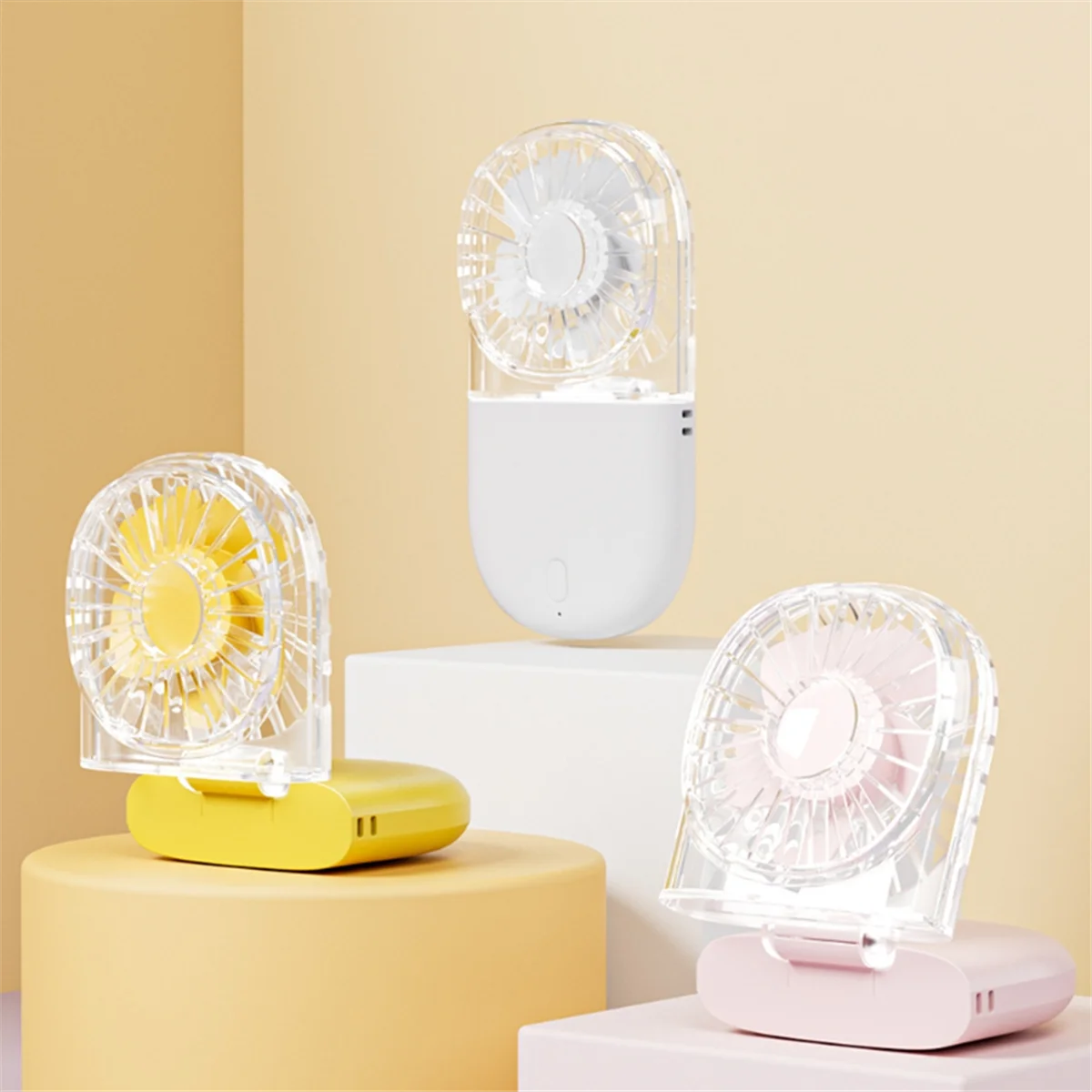 B74A Tragbare USB-Ventilatoren mit transparentem Design, Fünf-Gang-Windverstell-Lanyard und Desktop-Ständer, Gelb