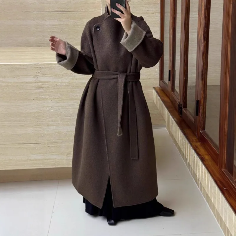 Autumn Winter Double-Sided Woolen Coat Extended Leisure Fashion Loose Pure Color Big Turn Down Collar Outerwear Women Clothing