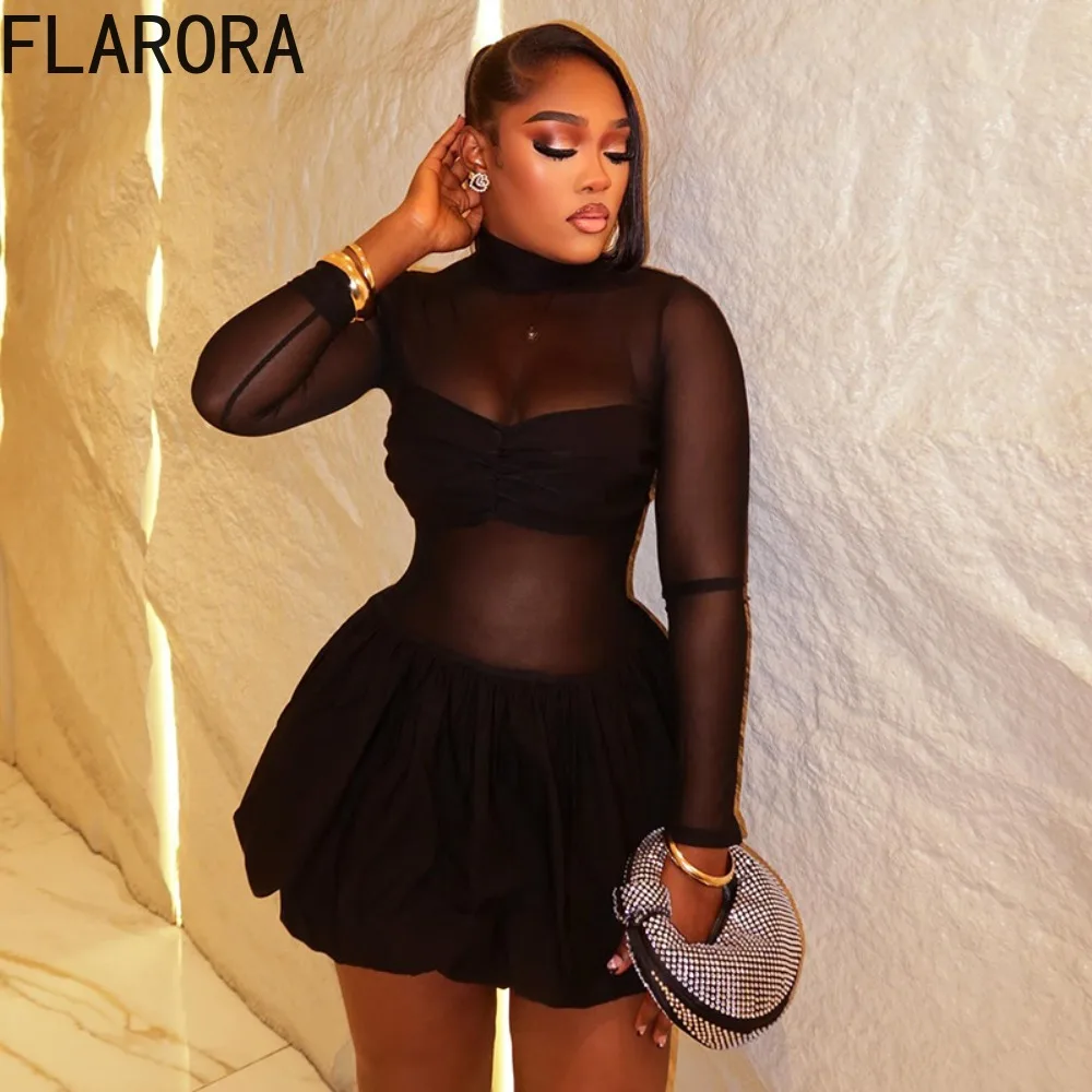 

FLARORA Fashion Mesh Patchwork Dress Woman See Through Stand Collar Long Sleeve Slim Fit Pleated Dresses Sexy Party Clubwear