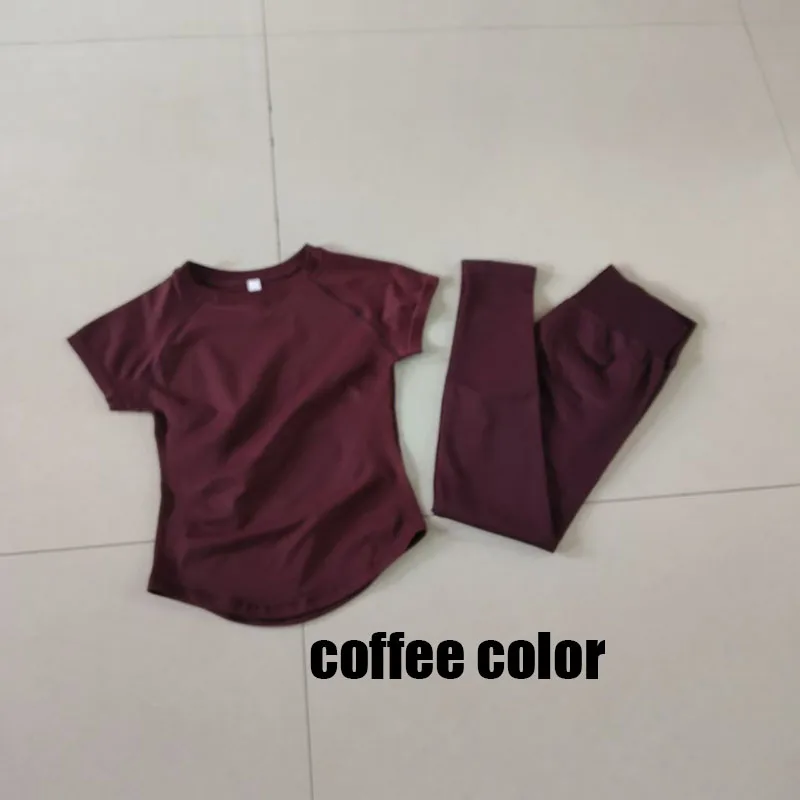 2Pcs D1FLOGO Fitness Sets Women High Elastic Seamless Short Sleeve Top Low Waist Full Leggings Tummy Control Butt Lift Yoga Gym
