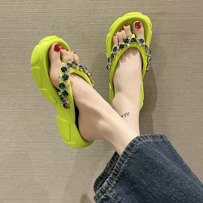 Women's Summer Flip Flops Luxury Rhinestone Thick Soled High Heels Beach Shoes Platform Anti-skid Light Soft Lady Slippers