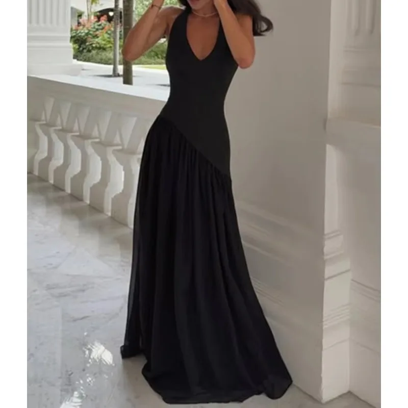 V Neck Backless Sexy Maxi Dress Women Elegant Black Off-shoulder Sleeveless Bodycon Club Party Long Dresses
