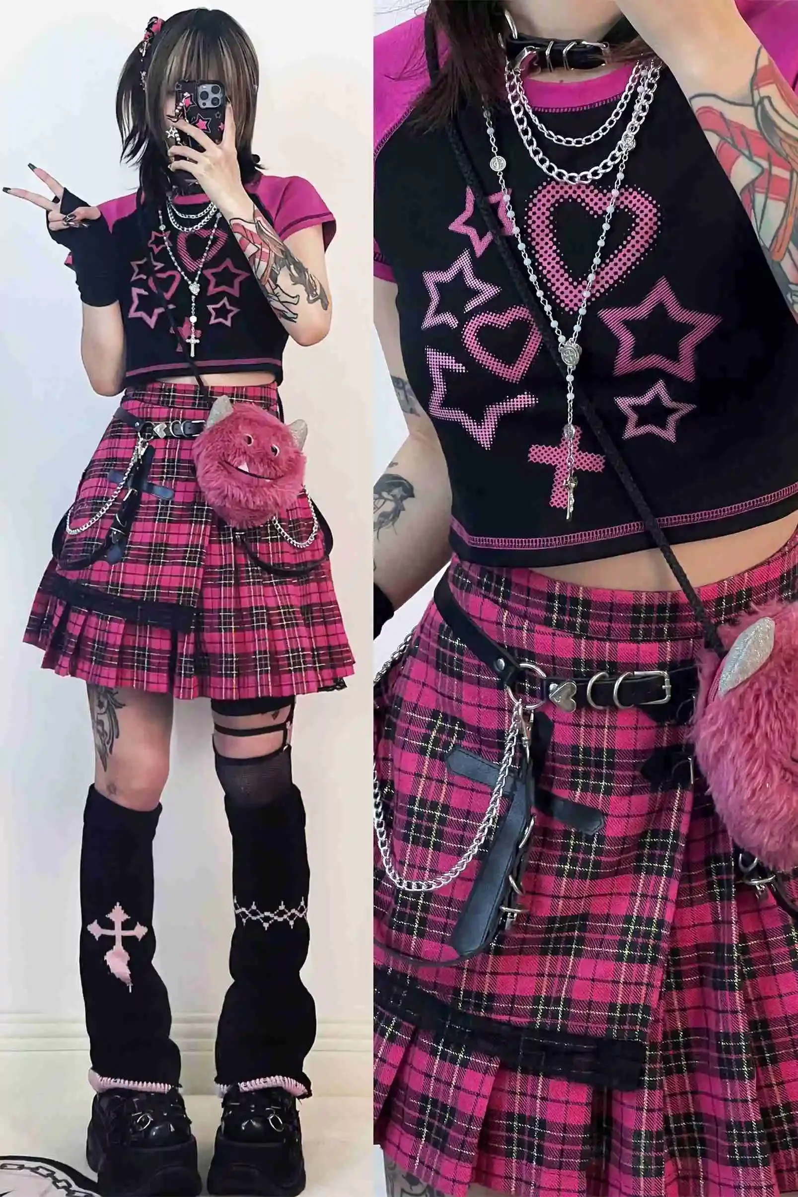 تي شيرت راجلان بأكمام نصف كم للفتيات ، قمة سرية مفتوحة داكنة ، زي قوطي ، زي Y2K ، قمة ملونة ، ساخن