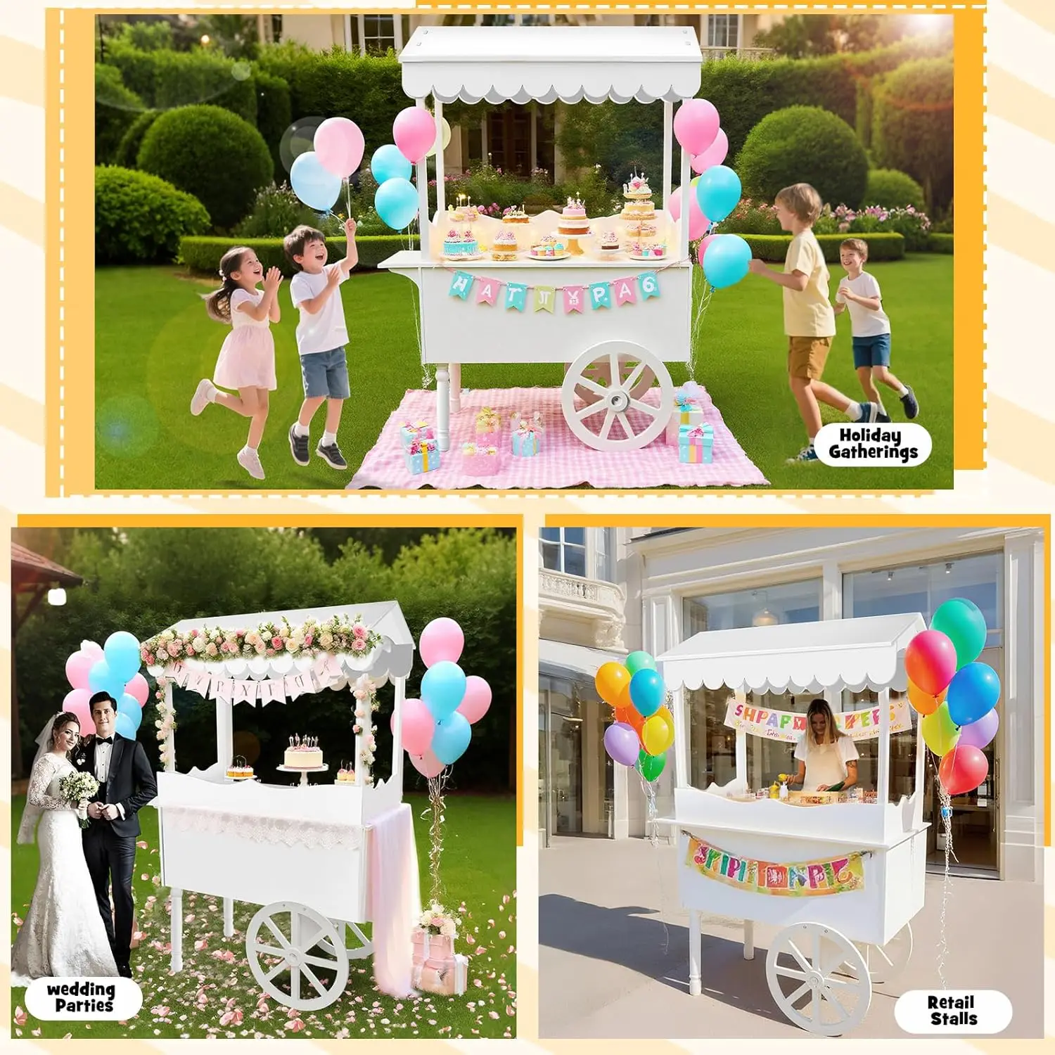 US Shipping Vintage White Dessert Cart Stand with Wheels String Light Balloons for Party Birthday Wedding Cake Display 72