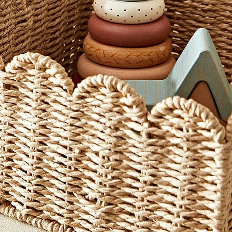 Natural Hand-Woven Paper Rope Baskets With Scalloped Edge For Shelf Organization