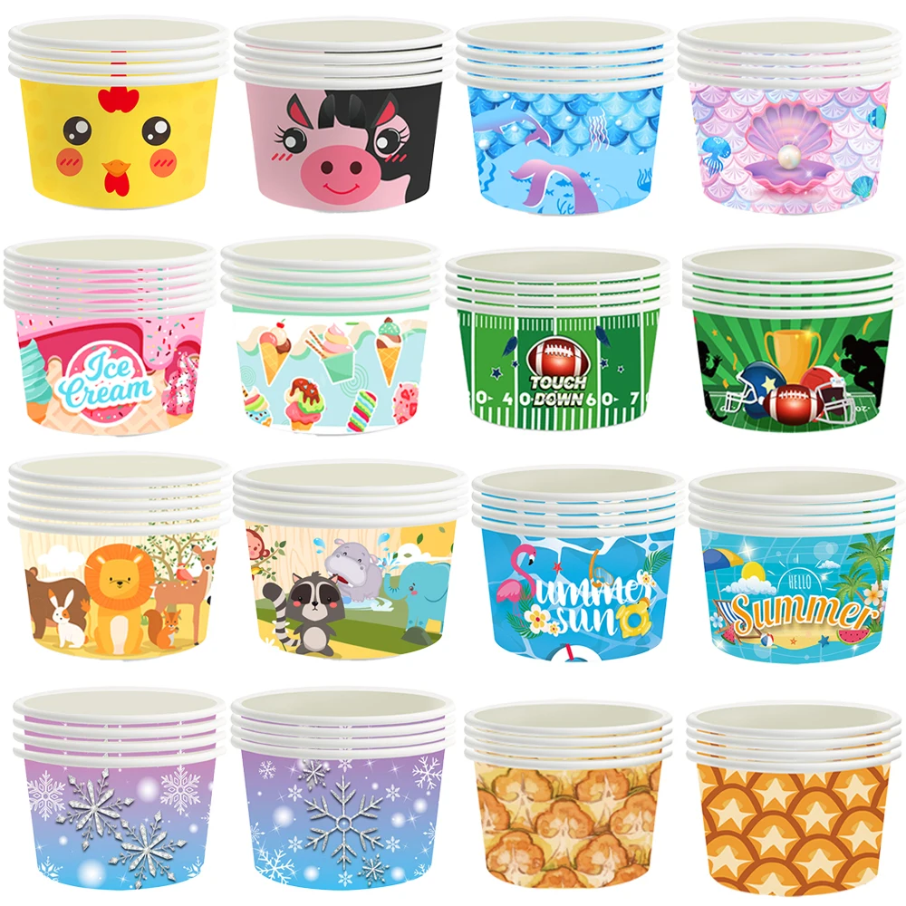 Gobelets de collation en papier jetables, bol en papier pour crème glacée, gobelets de collation pour desserts, fête d'anniversaire pour enfants, fournitures de fête d'été, 6-30 pièces