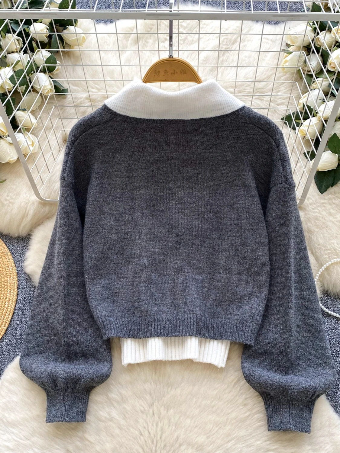 Foamlina 2025 Korean Chic 2 Pieces Set Women's Autumn Winter Polo Collar Knitted Vest Top and Long Sleeve Short Pullover Sweater