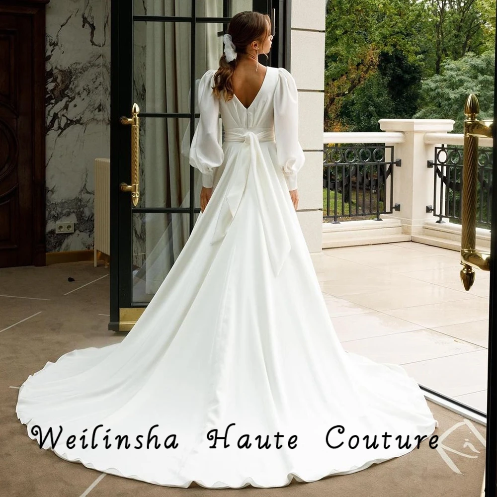 Weilinsha Full Sleeve V Neck Wedding Dresses with Jersey 2022 Ivory Sashes Cap  Charming Bridal Gowns Robe De Mariée 2023