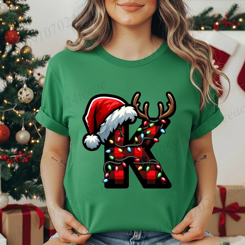 Woman Christmas Alphabet Graphic Print T-shirt Casual O Neck Fashion Casual Short-sleeve Soft Santa Hat, Reindeer Creative Tops
