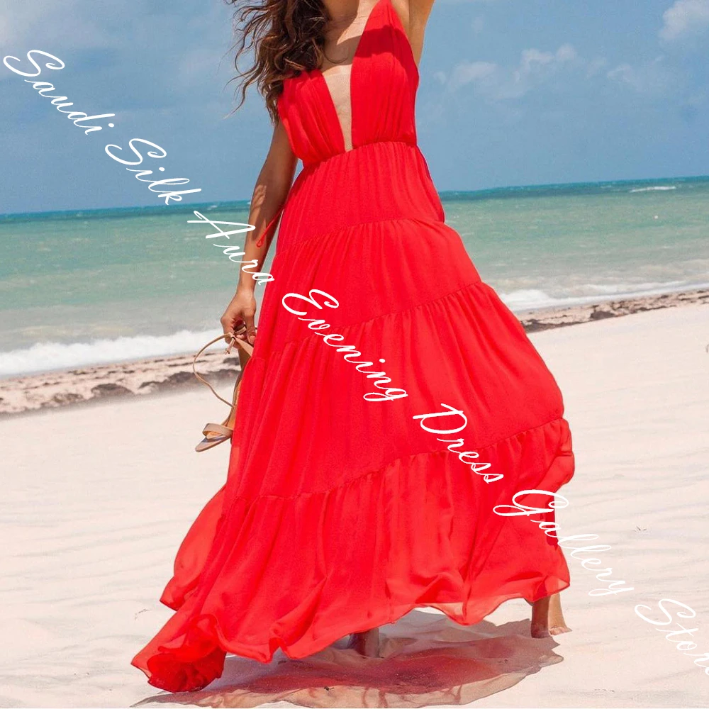 Customized Spaghetti Straps Sleeveless Chiffon V-Neck Floor Length A-Line Evening Dress Panel Train Zipper Back Fashion Solid Co