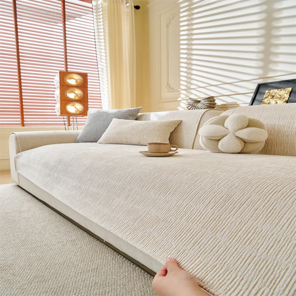 Retro Chenille Sofa Cushion Cover Universal Non-Slip Fixed Straight Row All-Seasons Slipcover for Home Comfort