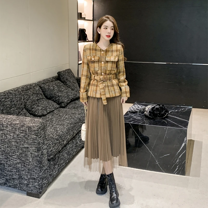 Fall Winter New Skirt Suit Women High Quality Elegant Plaid Tweed Jacket Coat+Mid Mesh Skirt Casual Evening Party Two Piece Set