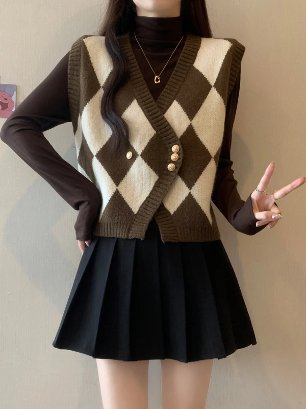 Geruit gebreid vest voor dames 2025 - Oversized mouwloos vest voor trendy herfst-winterlaag