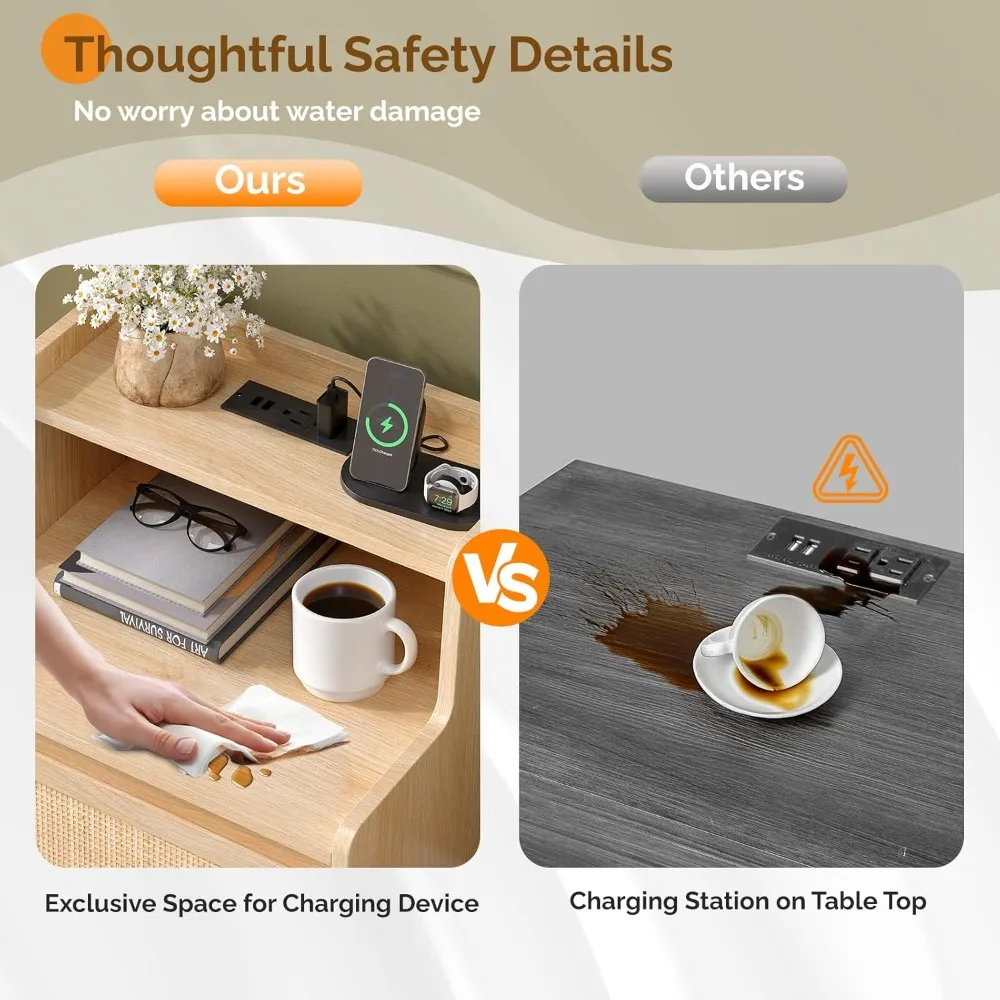 

Night Stand Set of 2, Rattan Nightstands with Charging Station, 17.72" W Boho Wood Nightstand for Bedroom, Bed Side, Customized