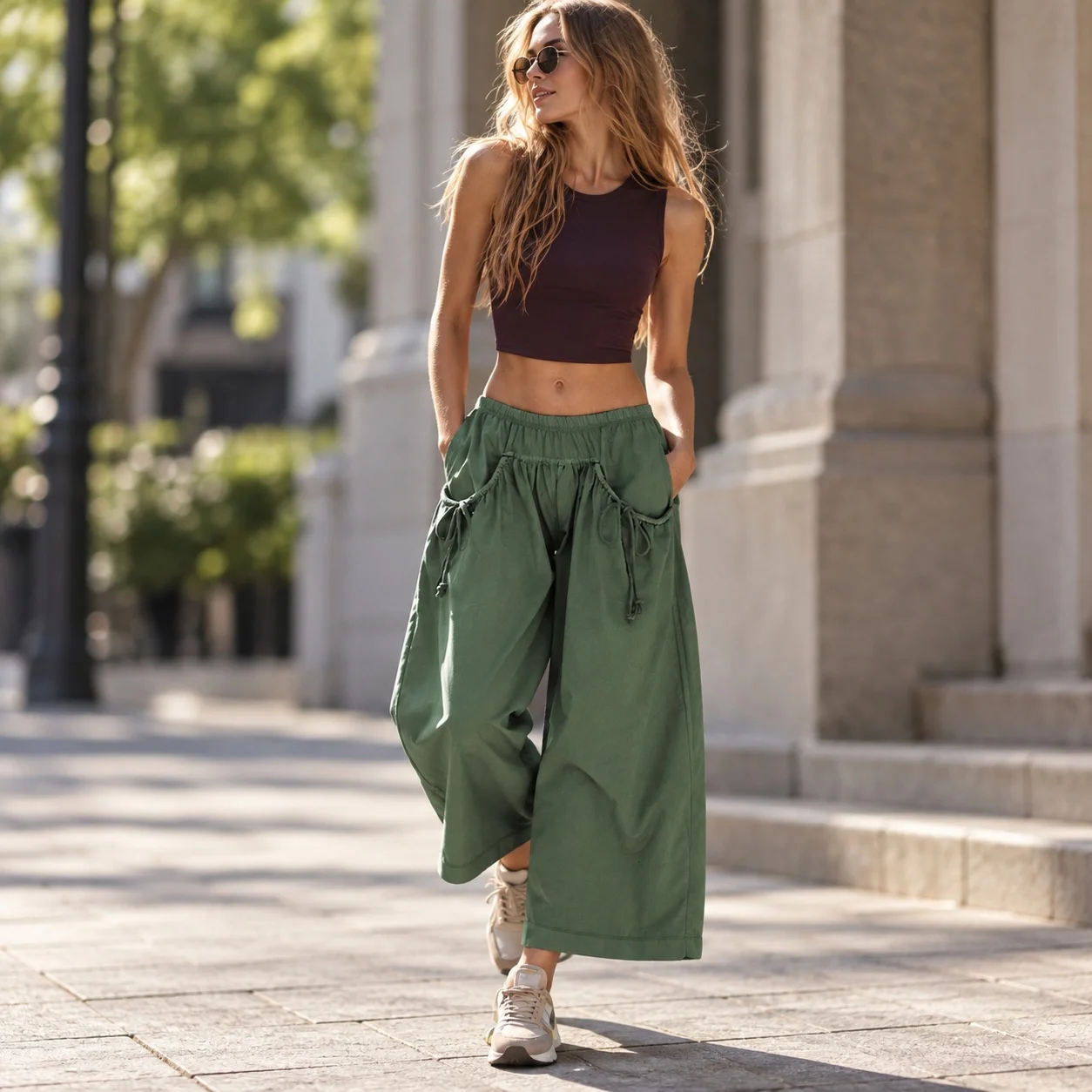 Gathered Detail Cropped Length Pants Urban with Elegant Commuter Edgy Streetwear Flared Leg Flared Women Pants