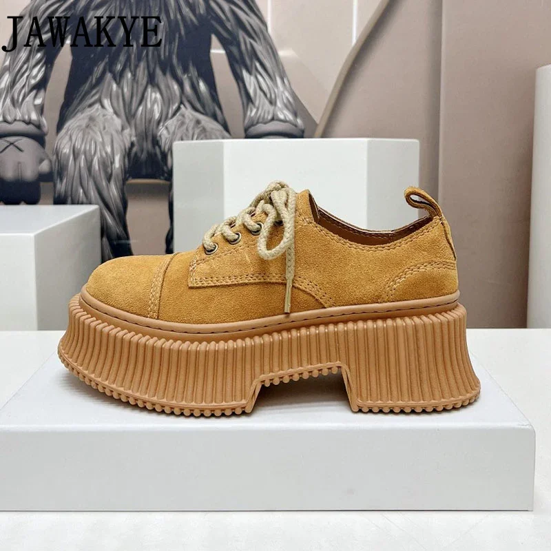 

Lace Up Chunky Sneakers Woman Thick Bottom Leather Boxfords Derby Shoes Flat Platform Casual Ladies Height Increasing Shoes