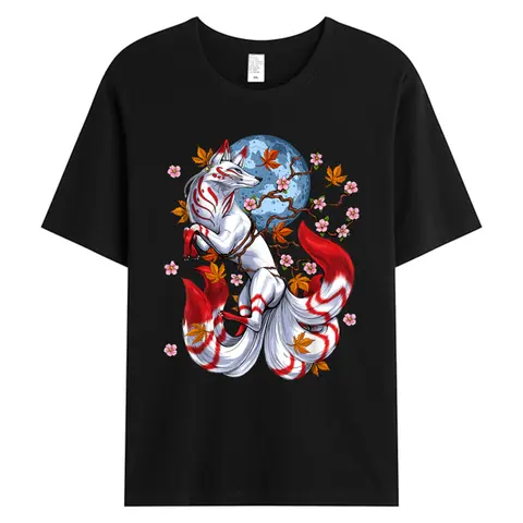 Kitsune Fox 일본 9 꼬리 여우 벚꽃 꽃 남성 코튼 원단 슬림 피트 티셔츠 5XL 티셔츠 Dropshipping