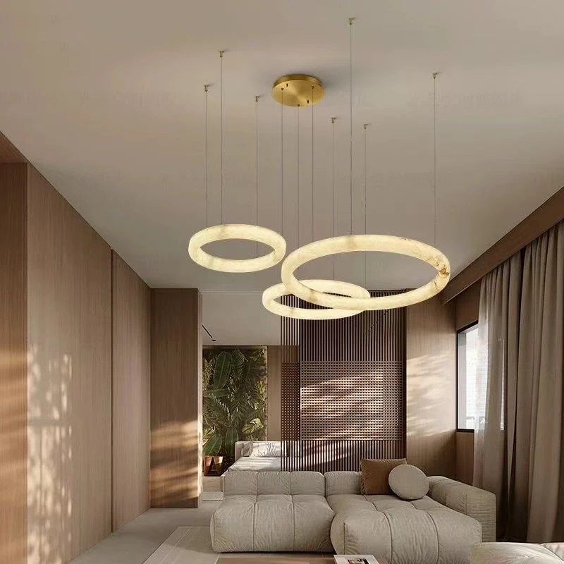 

New Designer Spanish Marble Chandelier Brass Round Adjustable Three Color Dimmable Pendant Lamp Ceiling Luster Living Room