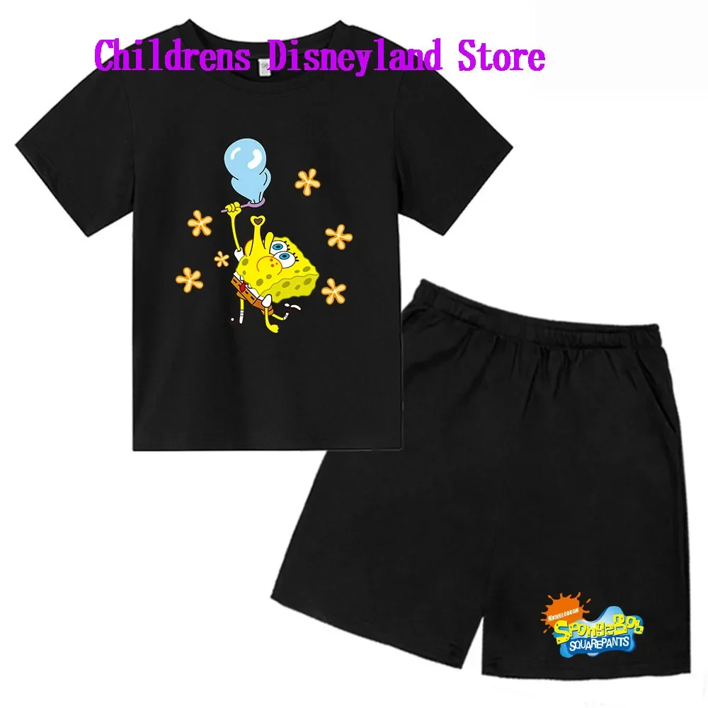 Spongebob Squarepants Spring And Autumn Children's Wear Boys And Girls T-shirt Set 2-piece Anime t shirt Sportswear Shorts boys