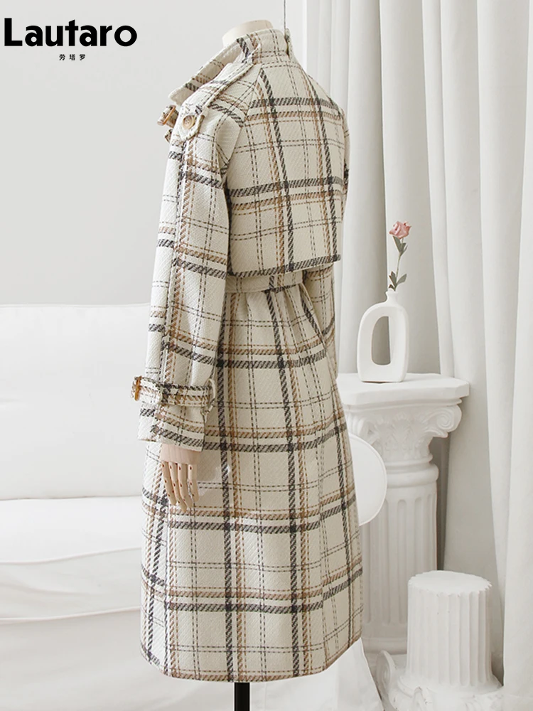 Lautaro Autumn Winter Long Loose Warm Plaid Wool Blends Trench Coat for Women Raglan Sleeve Belt Double Breasted Woolen Overcoat